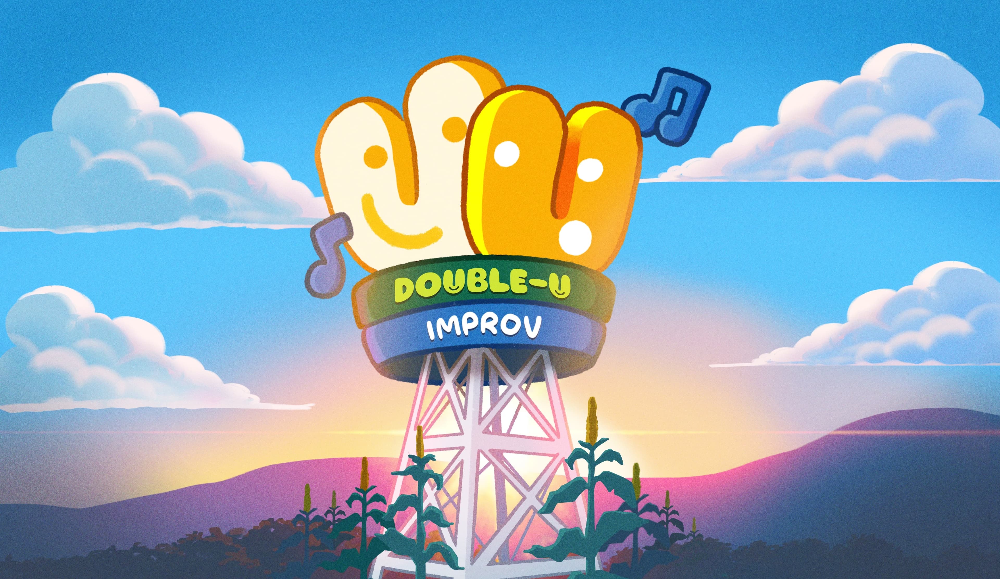 Double-U Improv performers on stage, high-fiving and laughing